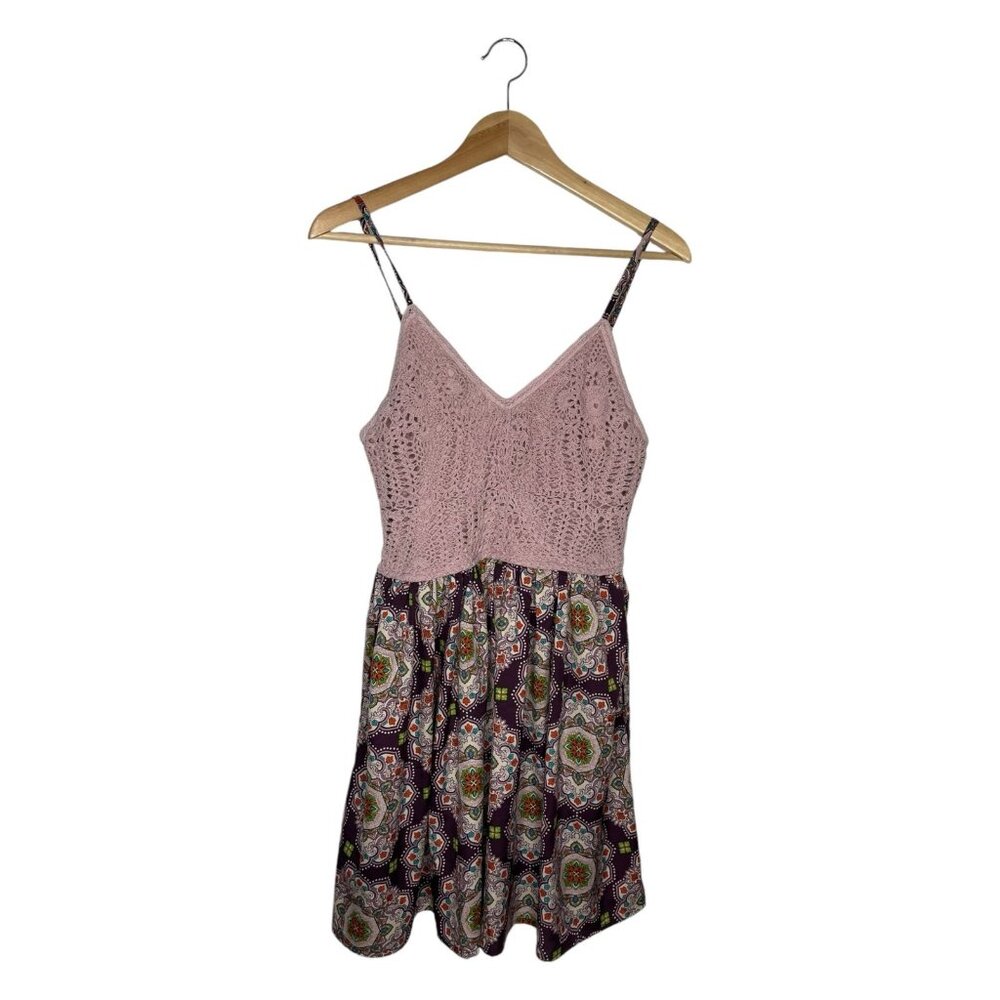 Crochet Cotton and Medallion Print Dress with Pockets Size L